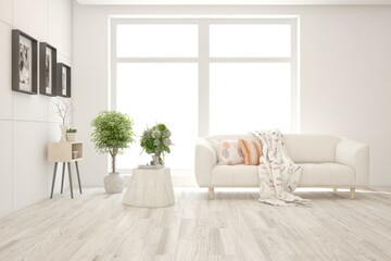 Modern living room in white color with sofa. Scandinavian interior design. 3D illustration