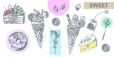 Hand drawn food illustration, sweet dessert ice cream cone, lollypops, cake, donut, cookie