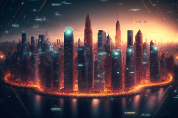night city skyline, digital data connected world concept, generative AI 
