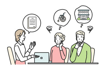 介護の相談をする不安なシニア夫婦