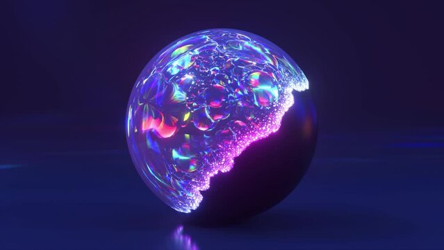 The shiny sphere changes its shell. Under the blue shell, a crystal rainbow ball appears. Blue neon color. Particles.