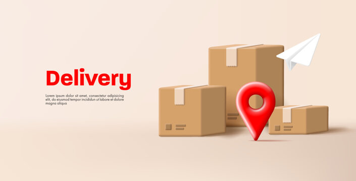3d illustration of shipment delivery with carton boxes and paper plane and paper plane with red geo tag
