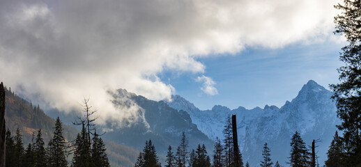 Winter mountains in Tatra Mountains Zakopane, Poland.  Landscape of snow covered pine trees and mountain peaks on a winter day