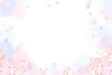 Fototapeta na wymiar かわいい薄いピンク色の桜の花と花びら春の水彩白バックフレーム背景素材イラスト