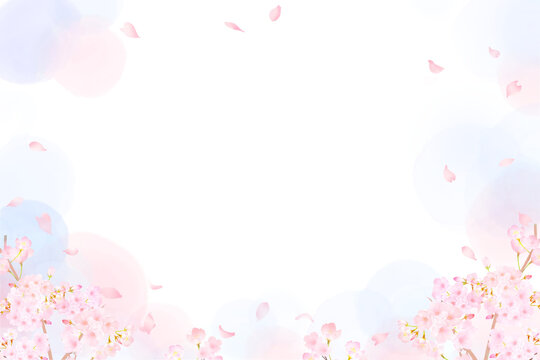 かわいい薄いピンク色の桜の花と花びら春の水彩白バックフレーム背景素材イラスト