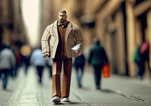portrait of a paper man walking on urban street with blur crowd of people are rush walking on street in urban city at day time as background, idea for feeling lonely, feel not belonging to anywhere