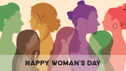 Group of women of different ages stands together. International Women's Day. Flat Vector 