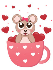 Animal illustration with a cute bear and red hearts in a cup.