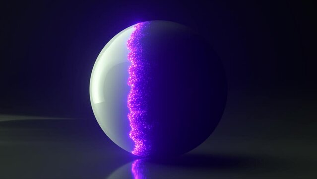 The glossy white sphere changes its shell. White black sphere. Purple neon discharge burns the shell of the sphere