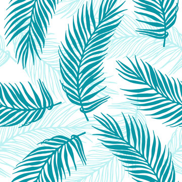 Turquoise mint palm leaf on white background vector seamless pattern. Exotic tropical pal leaves botanical illustration. Jungle foliage teal white repeating design.