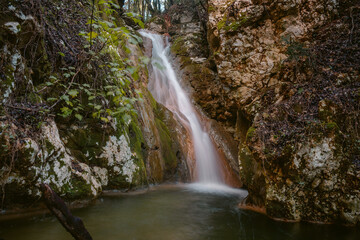 Landscape of Greece on a Winter day. Nature Of Greece.  Waterfalls in Kiprianades corfu, Greece. The waterfalls of Kiprianades. Natural landmark of Greece.