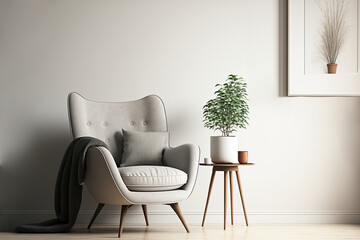 Modern minimalist armchair, table, plant, frame on wall made with Generative AI.