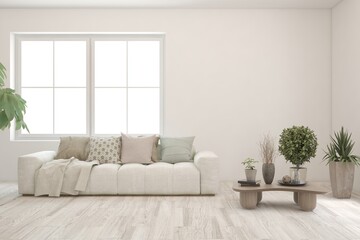 White living room with sofa. Scandinavian interior design. 3D illustration