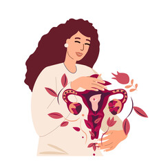 Woman Holding in Hands Beautiful Female Reproductive System with Flowers.Care of Womb,Uterus.Female Health,Fertility.Women OvariesVagina Symbol.Feminine Menopause Gynecology,Female Organs.Illustration - obrazy, fototapety, plakaty