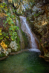 Landscape of Greece on a Winter day. Nature Of Greece.  Waterfalls in Kiprianades corfu, Greece. The waterfalls of Kiprianades. Natural landmark of Greece.