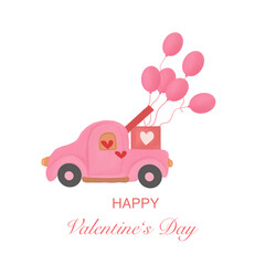 Pink car carrying a gift box with pink balloons, cute elements for Valentine's Day concept