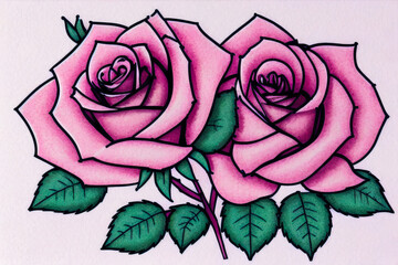 papercut style drawing of two roses and leaves with clear lines and contours and crosshatch shading on white background, generative AI
