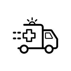Ambulance line icon. Disease, immunity, thermometer, doctor, patient, prescription, treatment, drugs, recommendations, advice. health concept. Vector black line icon on white background