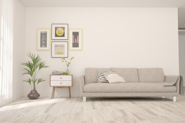 White living room with sofa. Scandinavian interior design. 3D illustration
