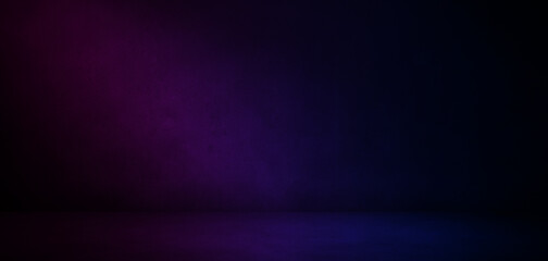 Dark three dimensional concrete room with pink and blue lighting for banner design, product presentation or modern mock up background. Texture of black concrete wall with colors.