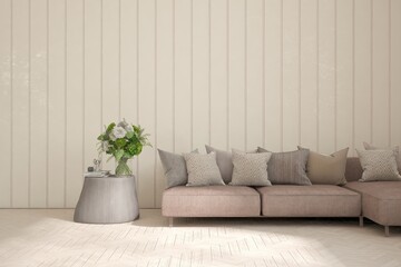 White living room with sofa. Scandinavian interior design. 3D illustration