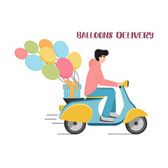 Man on scooter with colorful balloons. Balloons delivery. Gifts delivery by bike. Holiday delivery. Flat cartoon style.