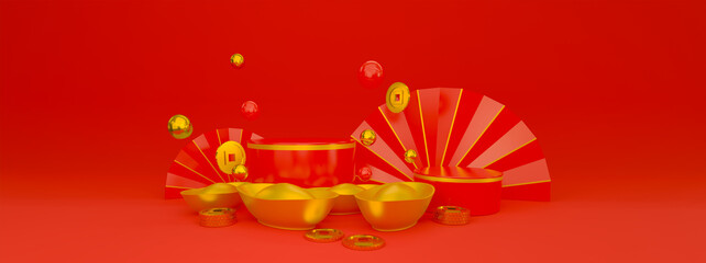 Background for Product Display Red Gold Exquisite Chinese Style. Chinese New Year. 3D Render