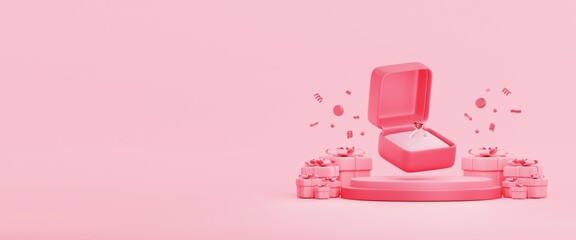 Fototapeta premium Valentine's day concept. pink podium and present boxes with diamond ring box icon 3d illustration copy space. sale banner Valentine's day.