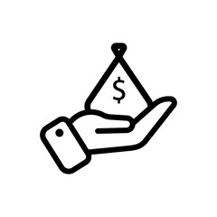 Hand and money bag line icon. Money, coins, sale, profit, income, work, loss, internet, shop, exchange, shares, online. business concept. Vector black line icon on white background