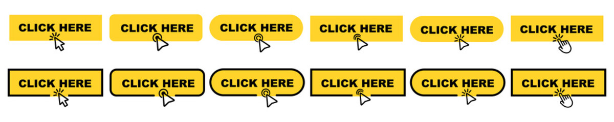Set of yellow click here vector buttons on white background. Buttons with cursor and pointer. Vector 10 Eps. - obrazy, fototapety, plakaty