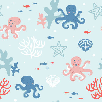 Summer cute marine seamless pattern coral reef with cute octopuses, starfish, algae, shells and fish. ocean dwellers. Cartoon style. Pastel shades. For nursery, wallpaper, printing on fabric, wrapping