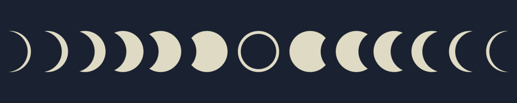 Phases of the moon on night background. New, half and full moons. Vector 10 Eps.
