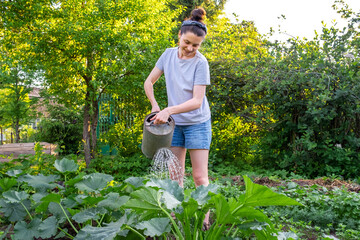 Gardening agriculture concept. Woman gardener farm worker holding watering can and watering...