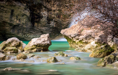 Silky water and view of the Catwalks of Alquezar Huesca Spain