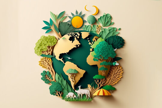 World Environment And Earth Day Concept With Globe And Eco Friendly Enviroment-paper Art