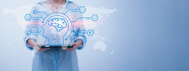 Educational concept Educational network. Woman use tablet with cloud computing diagram show on hand. Data storage. Networking and internet service concept. 