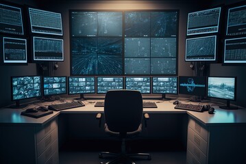 Regulation of Safety inside of a cctv room showing many monitors broadcasting footage from cameras. Generative AI