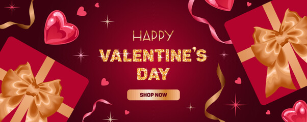 Fototapeta na wymiar Happy valentines day. Bright sale banner, realistic style. Shining heart. Golden stars and ribbons, Gift boxes. Sparkling glitter lettering, confetti. For advertising, website, poster, flyer.