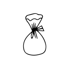 Gift bag, Santa's bag. Hand-drawn black and white vector illustration. Design, layout, template, logo, icon, sketch.