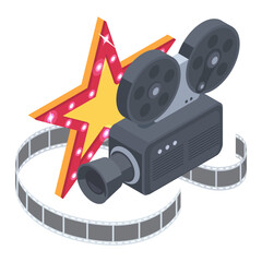 Isometric cinema concept. Movie theatre film and projector 3D vector illustration set isolated on white background