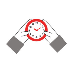 Hands holding clock. Time management concept. Early or late actions, start and finish, hours and minutes, beginning and end, deadline vector flat illustration.