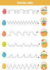 Tracing lines for kids. Easter eggs and Easter baskets