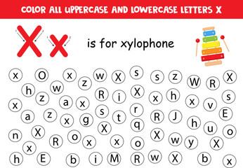 Dot all letters X. Educational worksheet for learning alphabet.