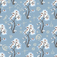 Seamless Pattern with hand drawn bushes with berries. Winter/Merry Christmas Themes.