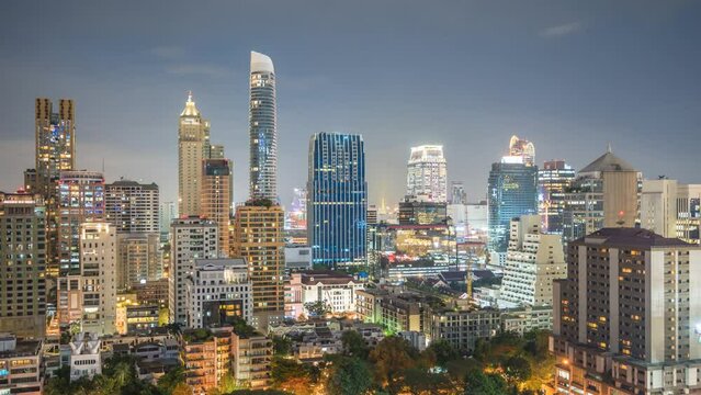 Bangkok city skyline night timelapse at Bangkok downtown, Thailand 4K time lapse