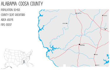 Large and detailed map of Coosa county in Alabama, USA.
