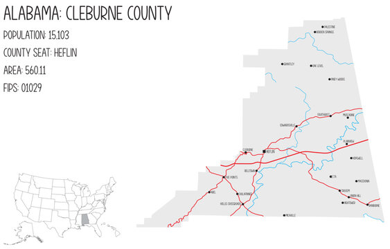 Large and detailed map of Cleburne county in Alabama, USA.