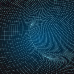 Wireframe tunnel. Perspective grid background. Simple lines on a dark background. Vector illustration.