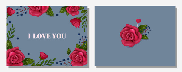 Valentine's Day. Postcard, banner, printable template. Roses, leaves, flowers, congratulations, flowers. Vector. 