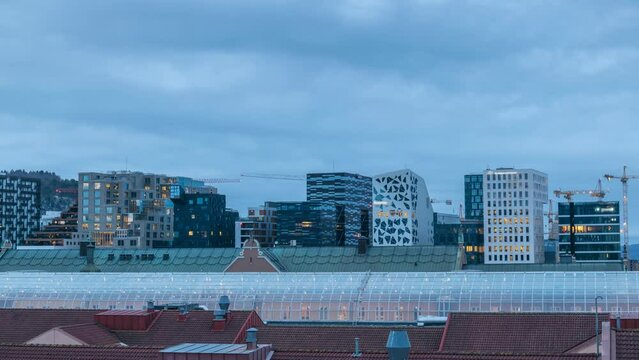 Oslo Norway time lapse 4K, city skyline night to day timelapse at business district and Barcode Project